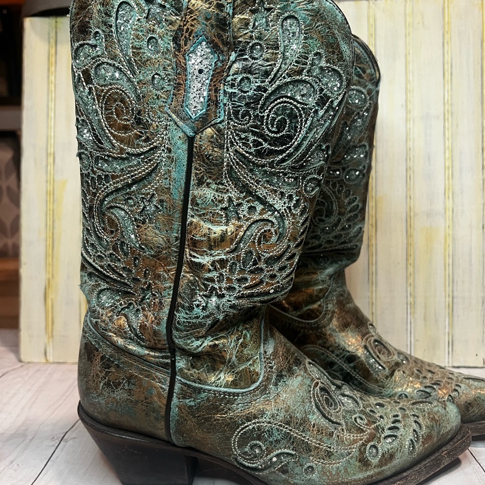 Women's Embroidered Heeled Boots - Turquoise - Picture 2 of 6